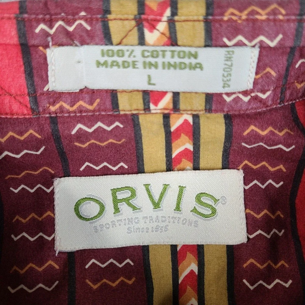 Orvis Shirt Mens Large Red Burgundy‎ Tribal Button Down Short Sleeve Cotton